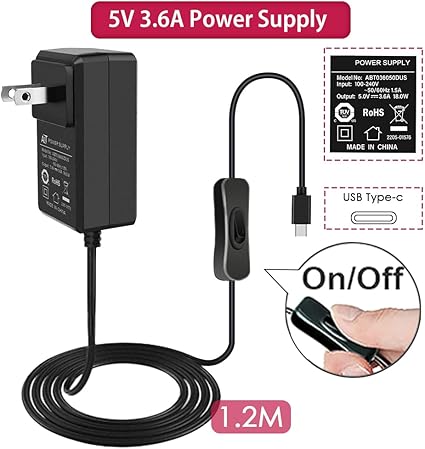 18W 5V 3.6A Power Supply for Raspberry Pi 4/Orange Pi 5&5B, Type C with ON/Off Switch and Micro USB Adapter C